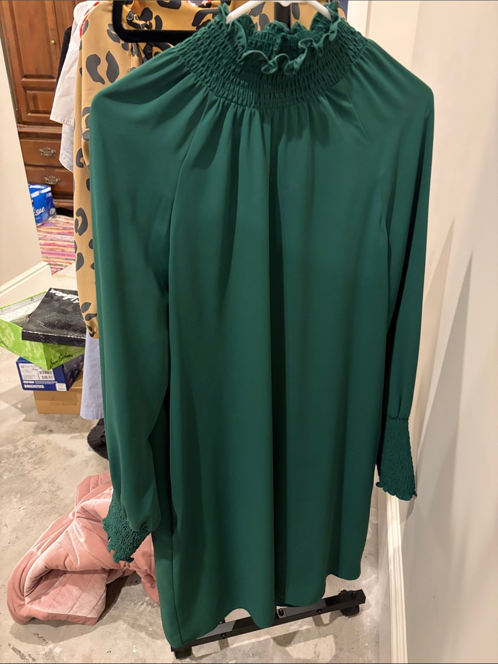 Amanda Uprichard Emerald Green Smocked Ruffle Neck Long Sleeve Dress